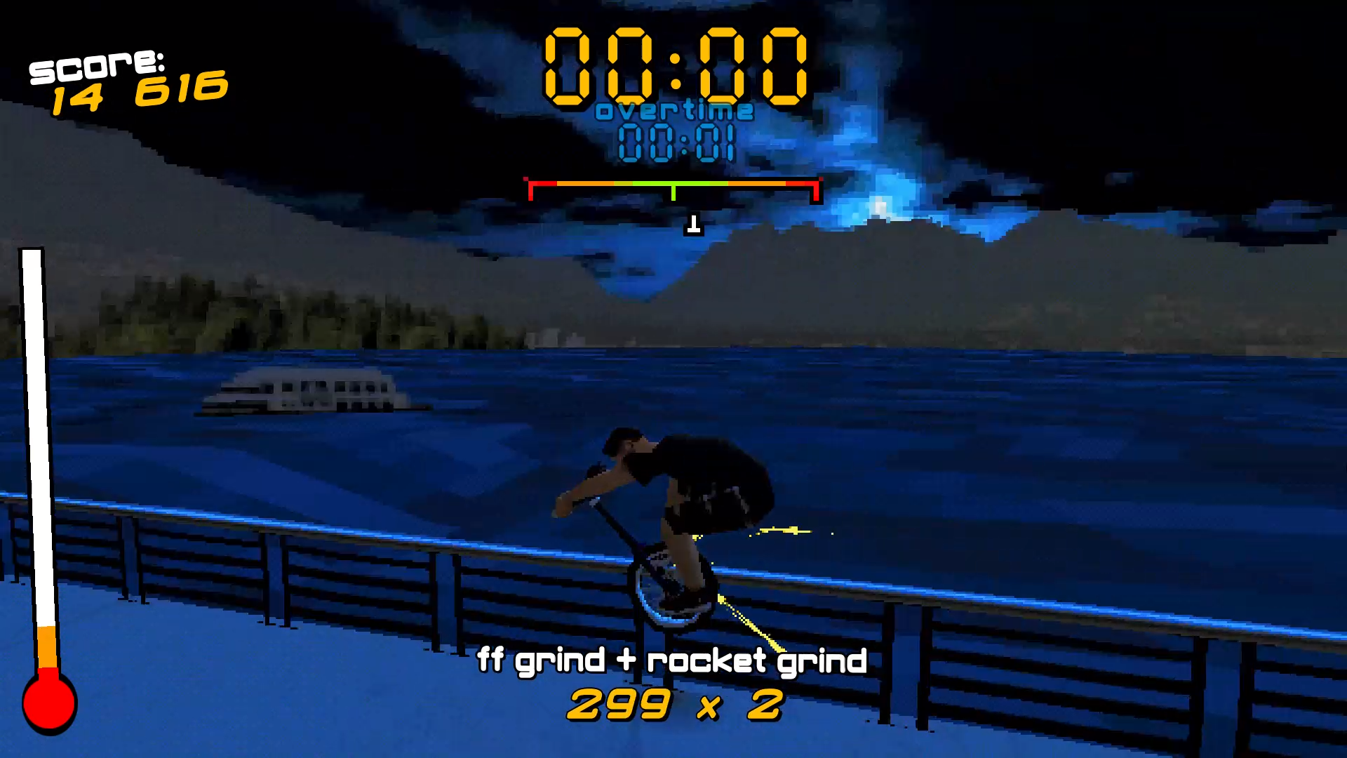 Screenshot showing Noli Egras, a unicyclist, performing a Rocket Grind against a night landscape.